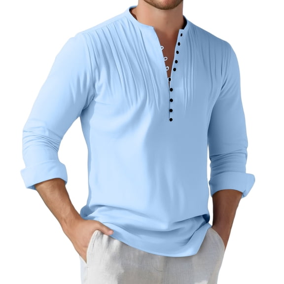 Mens Shirts,Business Casual Shirt Long Sleeve Solid Color Fashion Neckline Button Design Collar Fold Top,Men's T-Shirts,XL,Blue