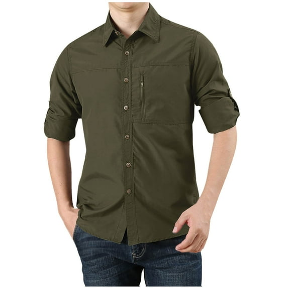 Mens Shirts Button Down Casual Work Blouses with Zipper Pocket Rolled Long Sleeve Woven Shirt Top Solid Color (3XL, Army Green)