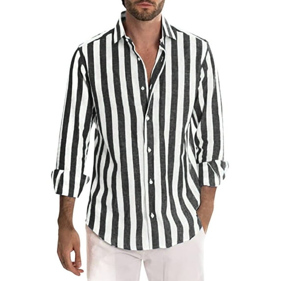 Mens Shirts Button-Down Shirts Long Sleeve Shirt Top Striped Black L