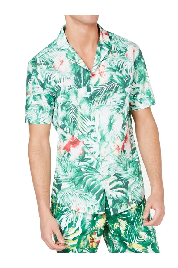 Mens Shirts Button-Front Slim-Fit Jungle-Print 2XL
