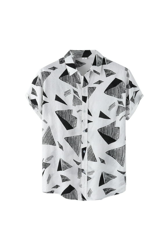 Mens Shirts Button Up Fashion Casual Geometric Printed Short Sleeve Turn-Down Collar T Shirts for Men White M