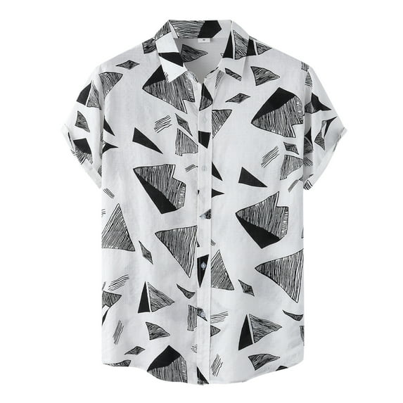 Mens Shirts Button Up Fashion Casual Geometric Printed Short Sleeve Turn-Down Collar T Shirts for Men White M