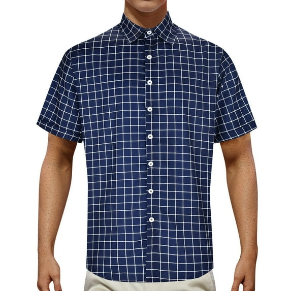 Mens Shirts Button Up Fashion Summer Casual Retro Plaid Printed Short Sleeved T Shirts for Man Navy XL