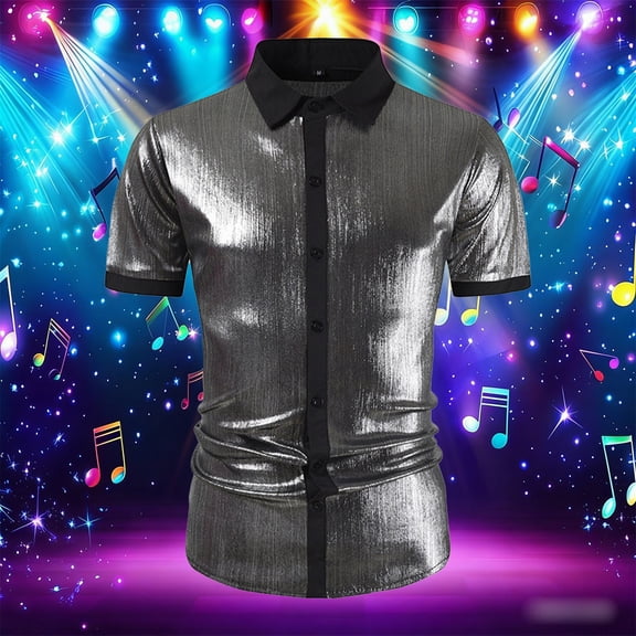 Mens Shirts Carnival 2026 Stylish Solid Shiny Large Size Short Sleeve Button Down Tops Loose Comfortable Shirt for Men Grey S