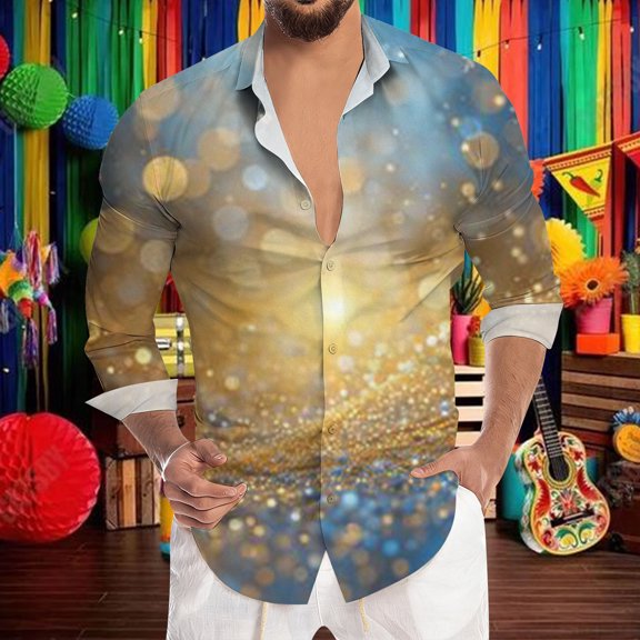 Mens Shirts Carnival Glitter Sequin Print Party Long Sleeve Button Down Top Casual Festival Celebration Comfortable Shirt for Men Yellow XXL