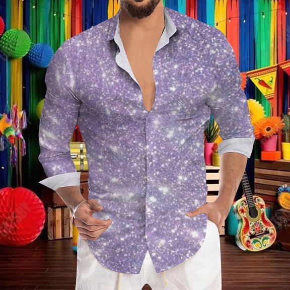 Mens Shirts Carnival Glitter Sequin Print Party Long Sleeve Button Down Top Casual Festival Celebration Soft Shirt for Men Light Purple XXL