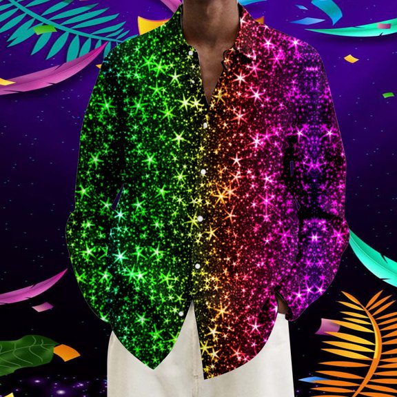 Mens Shirts Carnival Print Stylish Plus Size Lapel Long Sleeve Button Down Top Holiday Loose Casual Comfortable Shirt for Men Green XXL