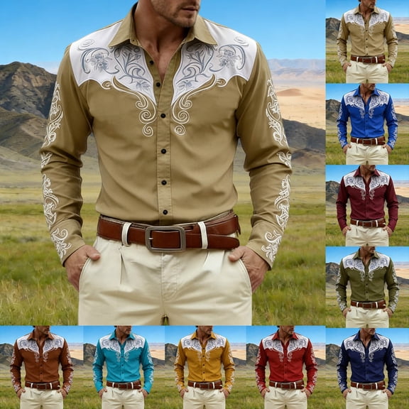 Mens Shirts Casual Allover Print Long Sleeve Button Down Top Western Cowboy Theme Carnival Dress Comfortable Shirt for Men Khaki M