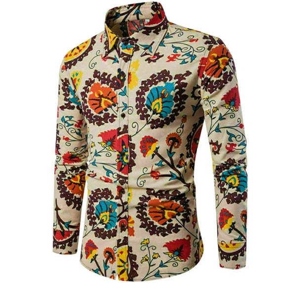 Mens Shirts Casual Beach Style Full Printed Long Sleeve Button Down Lapel Blouses Comfortable Loose Fall Tops White M