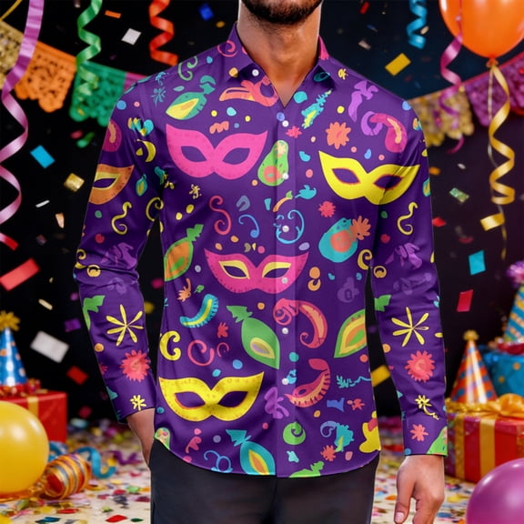 Mens Shirts Casual Carnival Business Long Sleeve Button Down Lapel Top with Stylish Design Comfortable Dress Shirt for Men A L