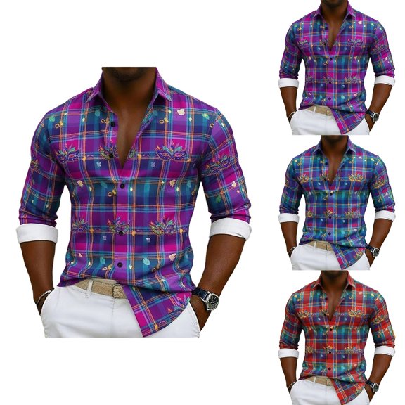 Mens Shirts Casual Carnival Festival Plus Size Long Sleeve Button Down Lapel Top Party Events Breathable Soft Fabric Shirt for Men Multicolour1 L