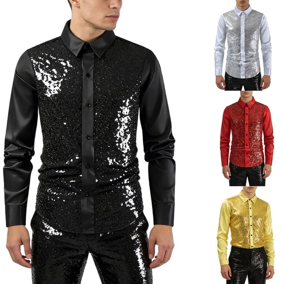 Mens Shirts Casual Carnival Long Sleeve Top With Metallic Sequin Design Nightclub Party Performance Shirt for Men Black XL