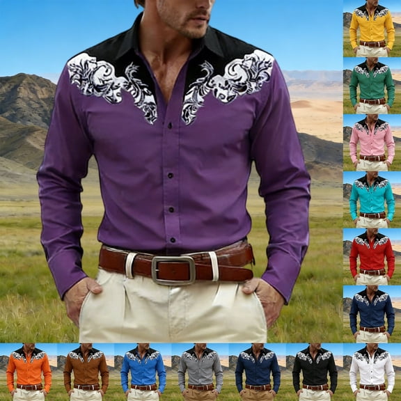 Mens Shirts Casual Carnival Western Cowboys Long Sleeve Top Festive Print Button Down Lapel Comfortable Shirt for Men Blue M