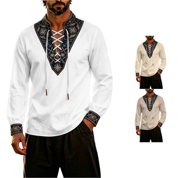 Mens Shirts Casual Classic Themed Men's Long Sleeve Shirt for Adventure Nautical Style Top with Lace-Up Collar Design Ideal for