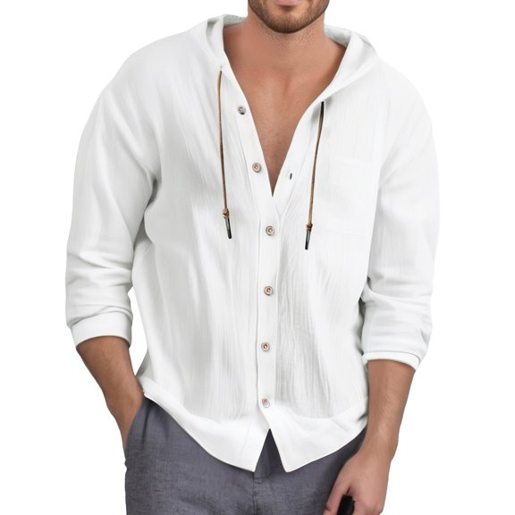 Mens Shirts,Casual Hooded Shirt Solid Color Pocket Detail Button Front Comfortable Top Breathable Streetwear Style,Mens Shirts,L,White