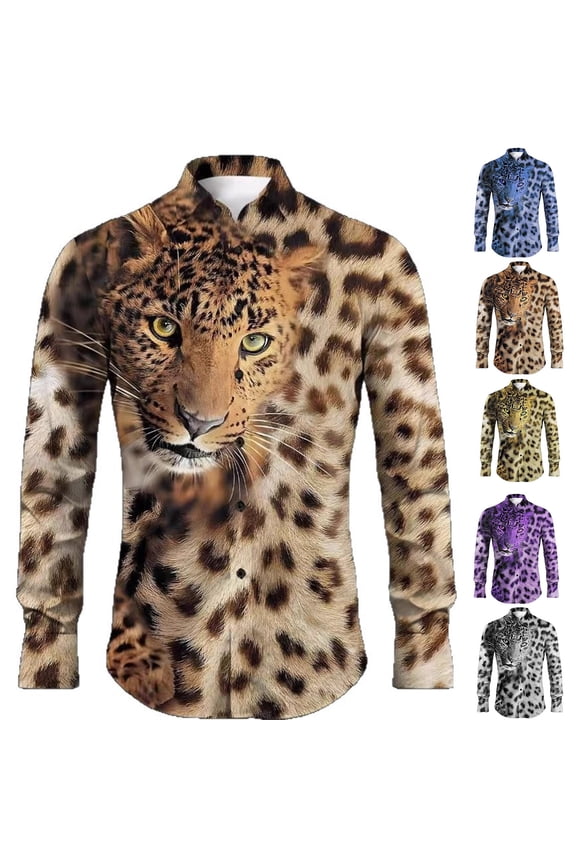 Mens Shirts Casual Leopard Print 2026 Stylish Trend Long Sleeve Button Lapel Top Comfortable Shirt for Men Grey XXL