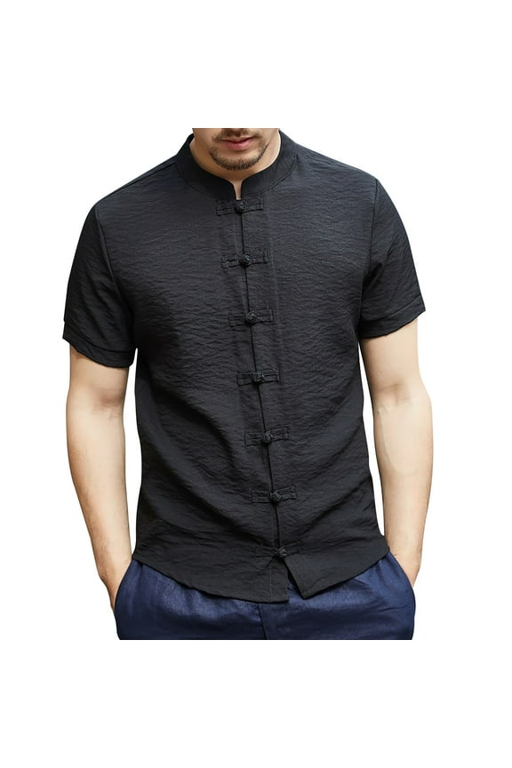 Mens Shirts Casual Linen Chinese Clothing Tang Suit Short Sleeve Henley Collar T-Shirts for Men