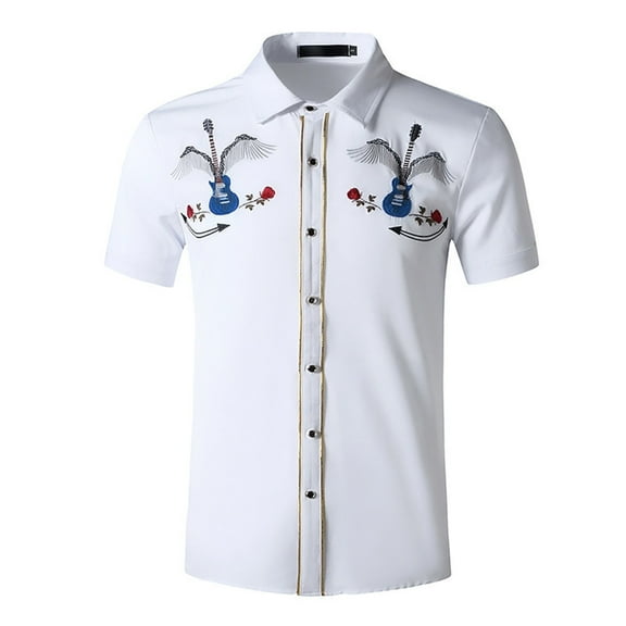 Mens Shirts Casual Men's Short Sleeve Embroidered Western Cowboy Leisure Snap Button Shirt Mens Shirt White L