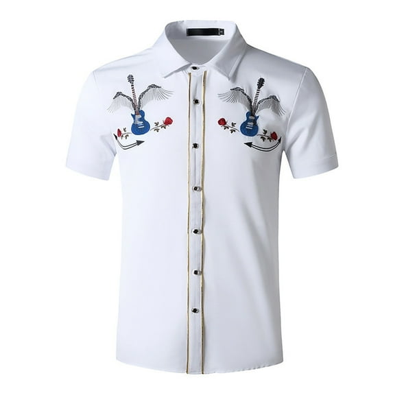Mens Shirts Casual Men's Short Sleeve Embroidered Western Cowboy Leisure Snap Button Shirt Mens Shirt White L