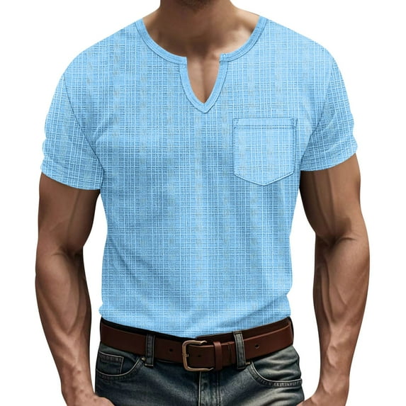 Mens Shirts Casual Short Sleeved Solid Imitation Linen Loose Breathable V-neck Top