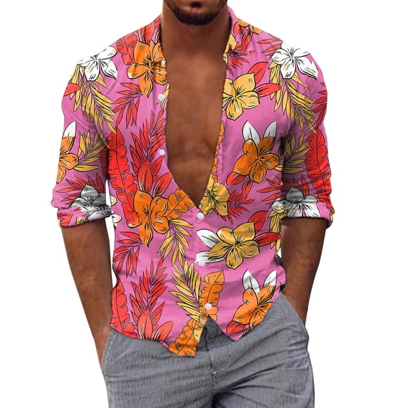 Mens Shirts Casual Personalized Print Long Sleeve Button Down Lapel Blouses Comfortable Loose Fall Tops Red XL