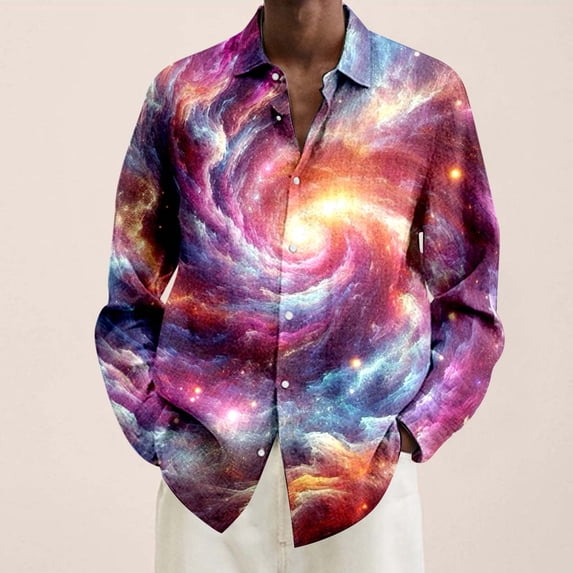 Mens Shirts Casual Plus Size Galaxy Digital Print Long Sleeve Button Down Lapel Tops Loose Dress Shirts for Men Multicolour S