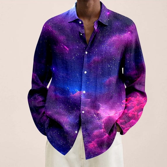 Mens Shirts Casual Plus Size Galaxy Print Lapel Long Sleeve Button Down Blouse Loose Dress Shirts for Men Dark Purple L