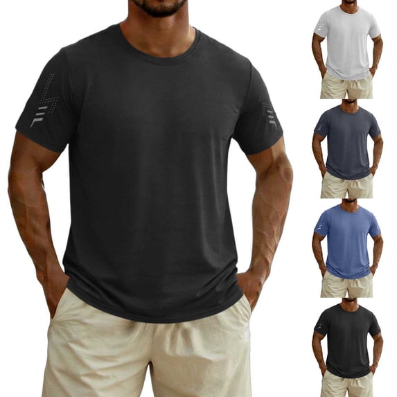 Mens Shirts Casual Plus Size Solid Color Crew Neck Short Sleeve Big and Tall Workout Pullover T-Shirt for Men