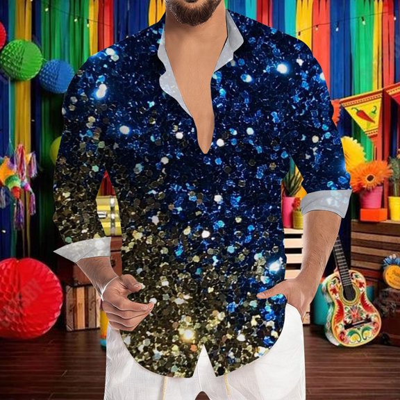 Mens Shirts Casual Sequins Print Long Sleeve Button Down Top Carnival Party Celebration Night Out Comfortable Shirt for Men Blue XXL