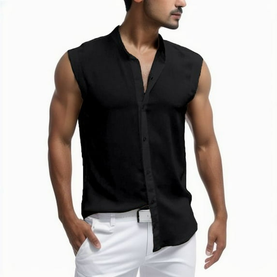 Mens Shirts Casual Slim Fit Summer Sleeveless Solid Color Basics Lightw Plain Button Down Tops Sizes M