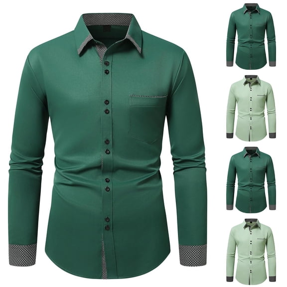 Mens Shirts Casual Solid Color Long Sleeve Business Button Lapel Tops Casual Comfortable Top Shirt for Men Dark Green L