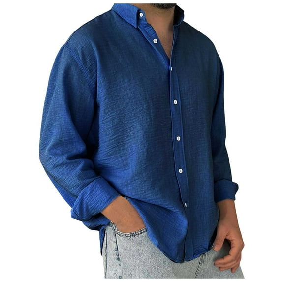 Mens Shirts Casual Solid Color Long Sleeve Button Down Lapel Blouses Loose Lightweight Comfortable Dress Shirts for Men Blue XXXL