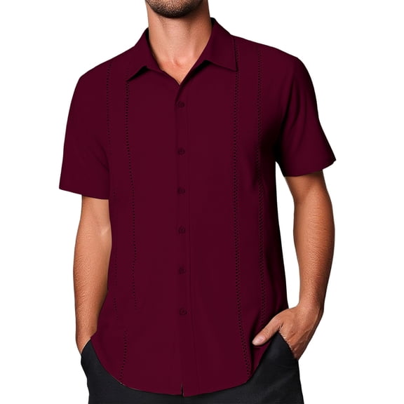 Mens Shirts Casual Solid Color Short Sleeve Button Down Lapel Top Beach Summer Outdoor Party Comfortable Shirt for Men Wine S