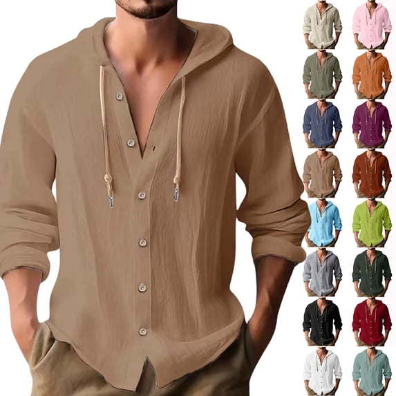 Mens Shirts Casual Solid Round-Neck Blouse Long Sleeve Hooded Button Shirts Light Summer Shirts Plus Size for Men Size 4-18