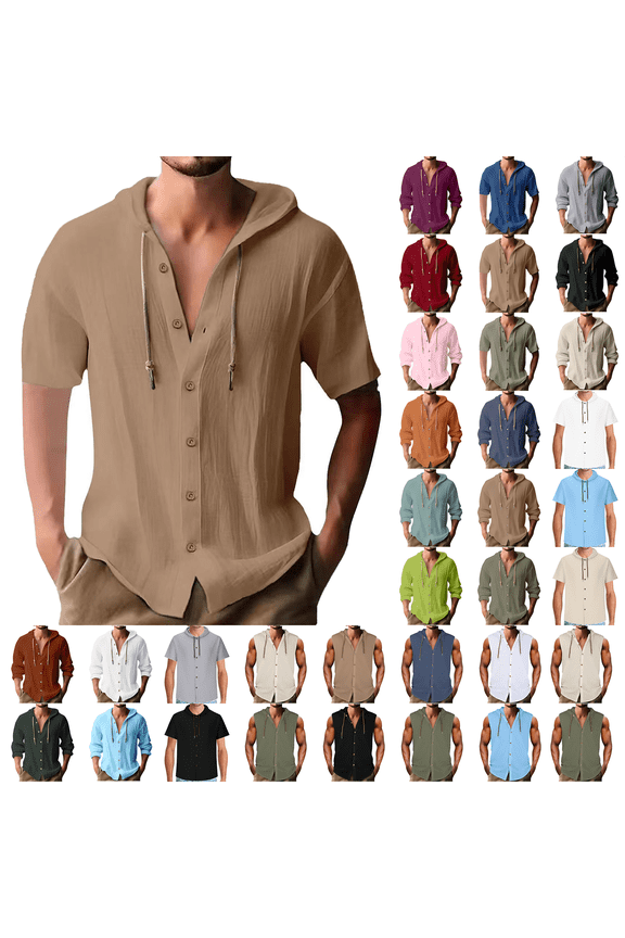 Mens Shirts Casual Solid Round-Neck Blouse Short Sleeve Hooded Button Shirts Light Summer Shirts Plus Size for Men Size 4-18