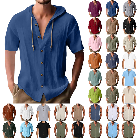 Mens Shirts Casual Solid Round-Neck Blouse Short Sleeve Hooded Button Shirts Light Summer Shirts Plus Size for Men Size 4-18