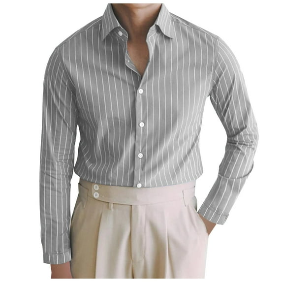 Mens Shirts Casual Striped Lapel Long Sleeve Button Down Blouses Business Outdoor Loose Fall Tops Grey XXL