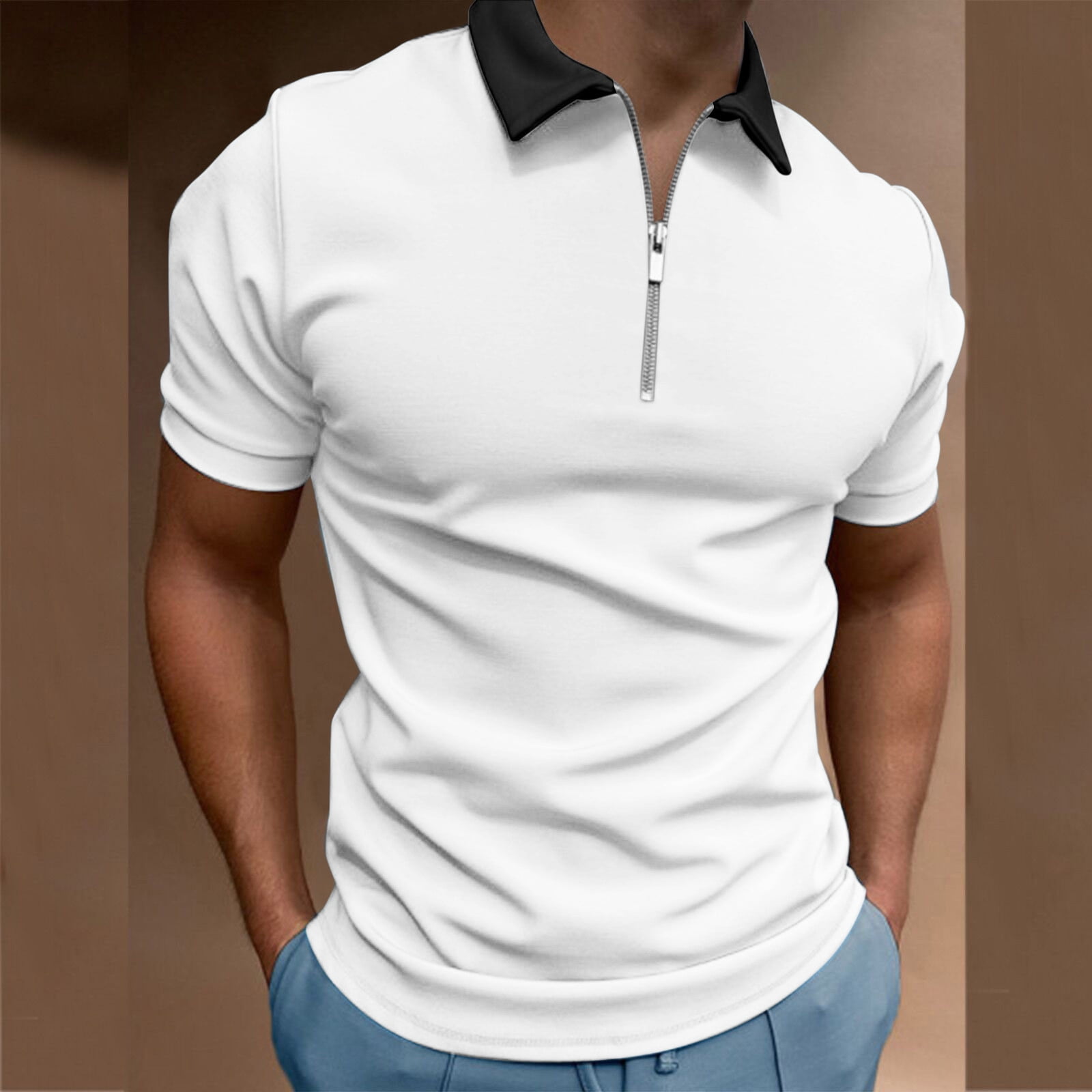 B91xZ Workout Shirts Mens Casual Solid Zipper Stand Collar Blouse Short  Sleeve Tops Shirt Slim Fit Shirts for Men Polo Shirts For Men Black 3XL 