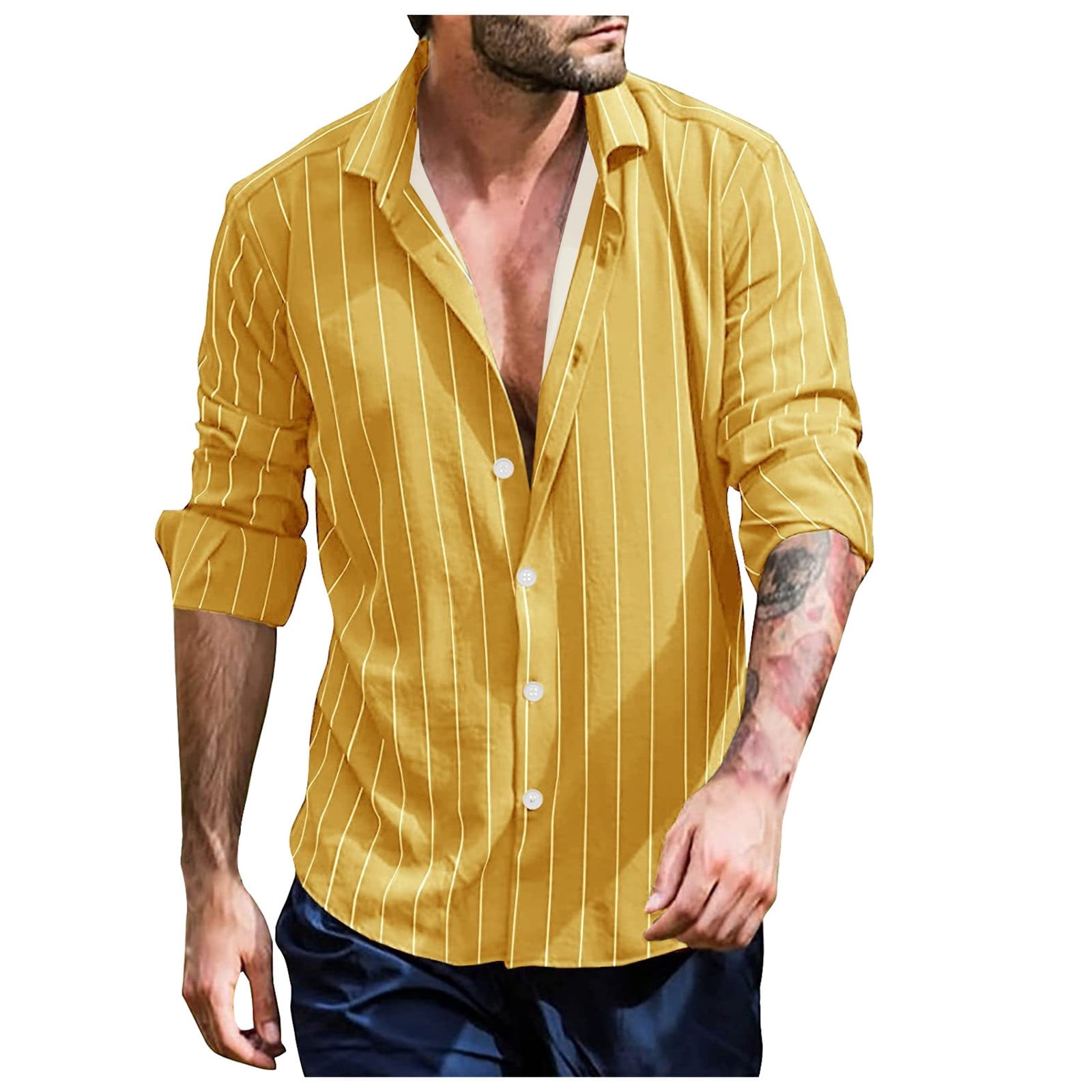 Mens Shirts Casual Stylish,Mens Spring Summer Striped Lapel Casual Loose Long Sleeved Shirts