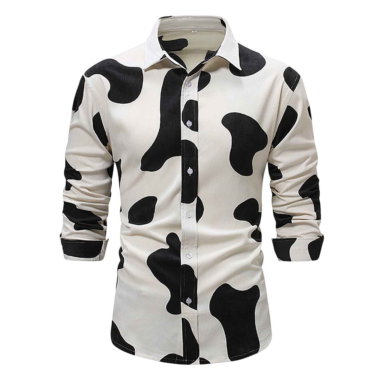 cow print dress shirt Mens Shirts Casual White Cow Print Long Sleeve Button Down Lapel Blouses  Comfortable Loose Fall Tops White L