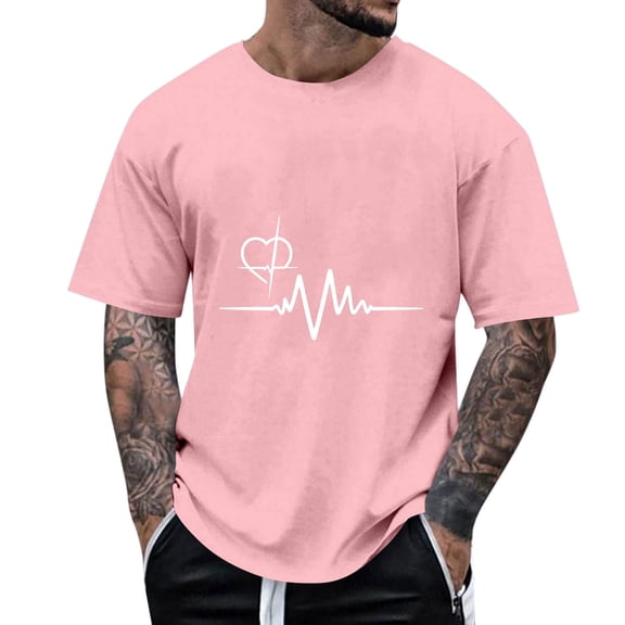 Mens Shirts Casual for Summer Fashion Print Round Neck Pullover T-Shirt Short Sleeve Blouse Pink,XL