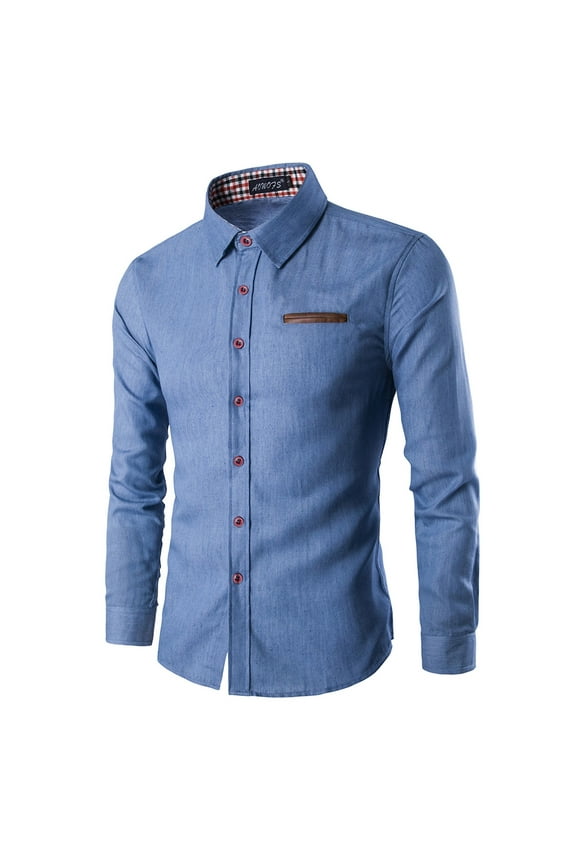 Mens Shirts Casual formal Pocket Matching Cotton Long Sleeved Denim Shirts for Men