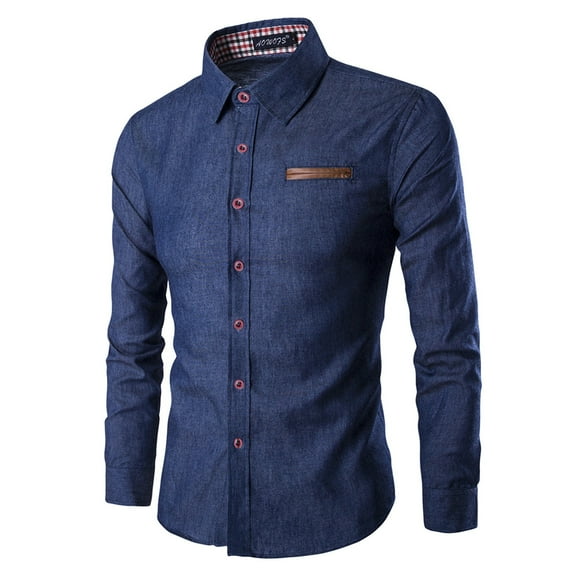 Mens Shirts Casual formal Pocket Matching Cotton Long Sleeved Denim Tshirts Shirts for Men