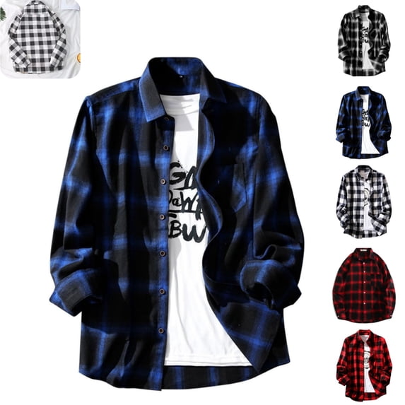 Mens Shirts Classic Checked Work Dress Long Sleeve T-Shirts Fall Vintage Plaid Regular Fit Button Down Shirts Coat with pockets Dark Blue M