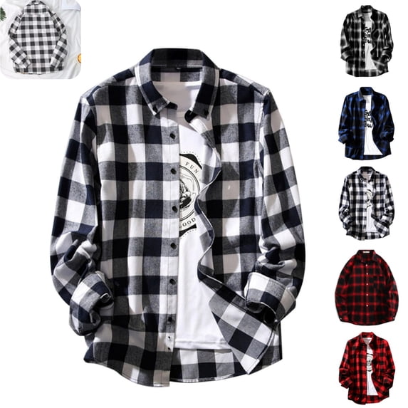 Mens Shirts Classic Checked Work Dress Long Sleeve T-Shirts Fall Vintage Plaid Regular Fit Button Down Shirts Coat with pockets Gray XXL