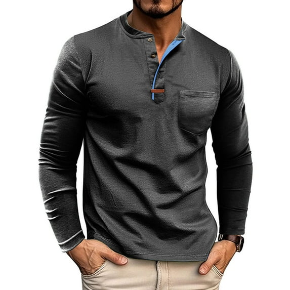 Mens Shirts under $5.00 Men Casual Fashion Solid Color Breathable Long Sleeve Round Collar Button Pocket Top Gray XXXL Black*Friday/Cyber*Monday
