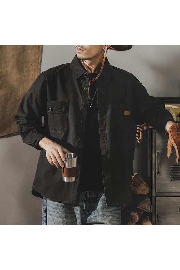 Mens Shirts under $5.00 Men Solid-Color Loose Fashionable Button Pocket Long Sleeve Turndown Collar Blouse Top Black L Black*Friday/Cyber*Monday