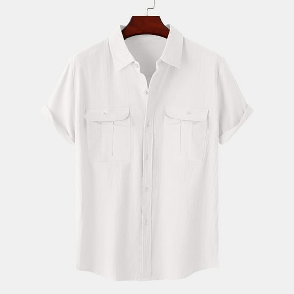 Mens Shirts Cotton Linen Short Sleeves Double Pocket Vacation Solid Color Casual Shirts White 3XL