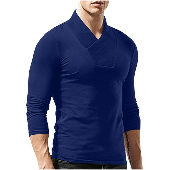 Mens Shirts Long Sleeve V-Neck Button Fallow Solid Color T-Shirt Tops Blue L