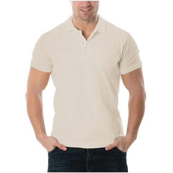 Mens Shirts Short Sleeve Breathable Button Lapel Casual Ventilate Polo Top Beige XXXL